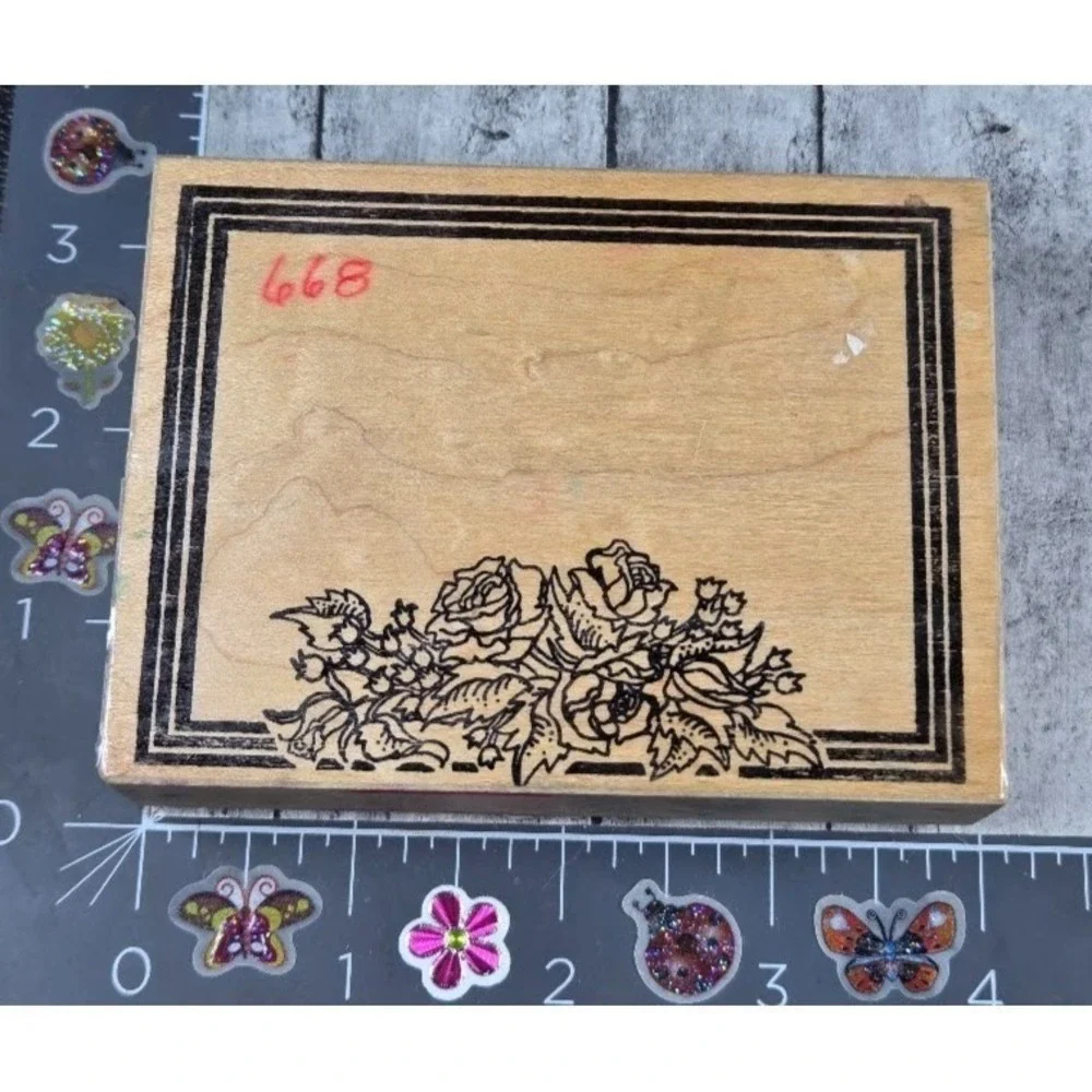 Frame Flowers Double Lines Tag Blank Rubber Stamp Wood #P66